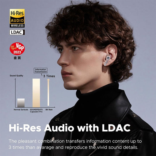 SoundPEATS Capsule3 Pro Hybrid Active Noise Cancelling Earbuds with Bluetooth 5.3, Hi-Res Wireless with 6 Mics & LDAC, 43dB Deep, Total 52 Hrs, App Control EQ - Transparent White